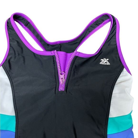 Swimsuit One Piece Black Purple front zip - Picture 2 of 4